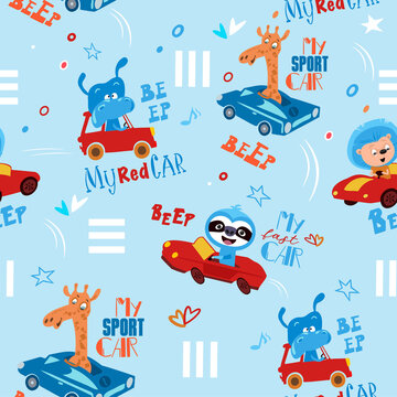 Cars and animals in city. Lettering for print. Seamless baby pattern. Vector illustration.