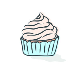 Vector image. Simple colored drawing of a cupcake with cream. Template for printing postcards, logo. Dudley style. Blue wrapper.