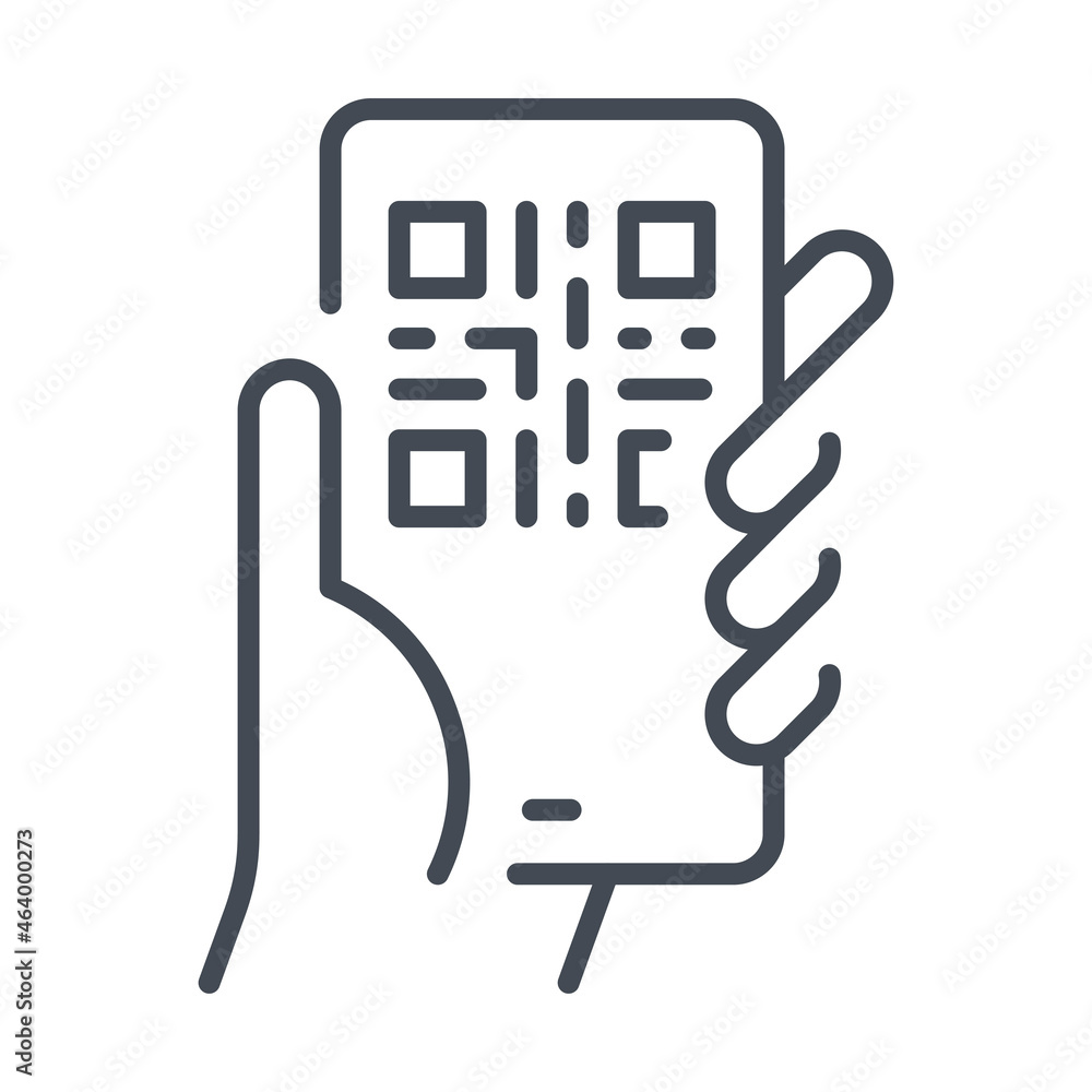 Poster smartphone with qr code vector line icon. hand with mobile phone and qr code on display outline icon