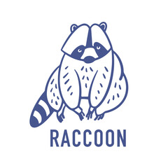 Cute raccoon. North American animal, native mammal. Outline logo design. Vector illustration isolated on white background.