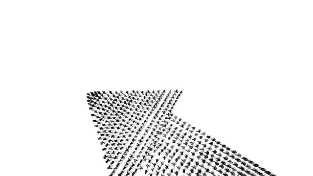 Businessmen lead by a businesswoman forming arrow shape pointing up, 4K against white