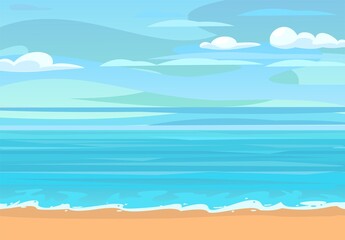 Fototapeta na wymiar Sea beach. Summer seascape. Far away is the ocean horizon. Calm weather. Surf coastline waves. Flat style illustration. Vector.