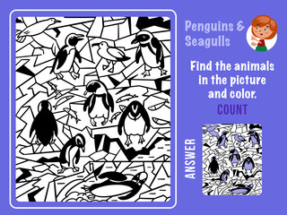 Find penguins and seagulls, color and count. Games for kids. Puzzle game with hidden objects. Funny cartoon characters. Vector illustration.