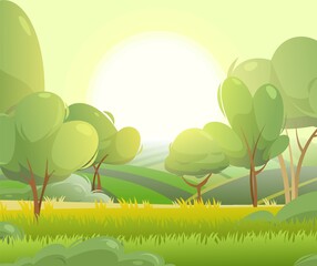 Spring juicy meadow. Sunrise Rural landscape with grass and orchard farmer hills. Cute funny cartoon design. Flat style. Vector.