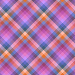 Seamless madras plaid pattern in pink, blue, purple and orange.  All over diagonal fabric repeat.  - obrazy, fototapety, plakaty