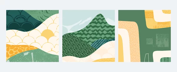 Fotobehang Set van abstracte landschap sociale media achtergrond vectorillustratie. Platteland met kleurrijke textuur. Bundel decoratieve ecokaarten. Natuur, ecologie, biologisch, milieu ansichtkaart, posterontwerp © Maria Petrish