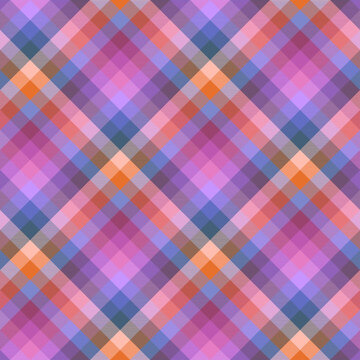 Seamless Madras Plaid Pattern In Pink, Blue, Purple And Orange.  All Over Diagonal Fabric Repeat. 