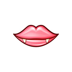 Sexy red vampire woman lips with fangs isolated on white background. Vector cartoon girl vampire mouth with vampires teeth icon or label vector illustration for printing on t-shirt