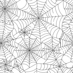 Halloween spider web seamless pattern. Black hand-drawn cobwebs crossing on white background. Repeating backdrop for textile, clothes, bedding, wrapping paper, wallpaper. Stock vector. - 464002031