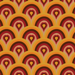 Retro 70s heart seamless pattern. Hippie rainbow vector background.