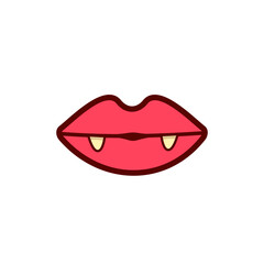 Sexy red vampire woman lips with fangs isolated on white background. Vector cartoon girl vampire mouth with vampires teeth icon or label vector illustration for printing on t-shirt