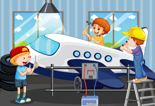 Scene with children repairing plane together