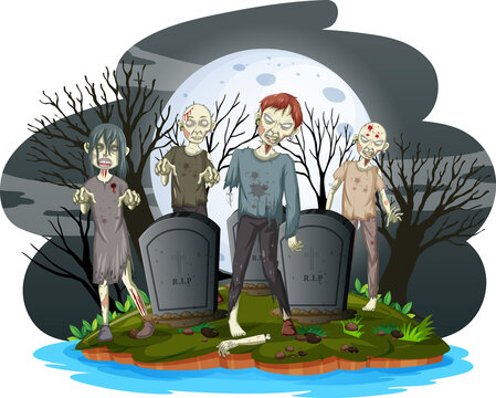 Creepy zombies at graveyard