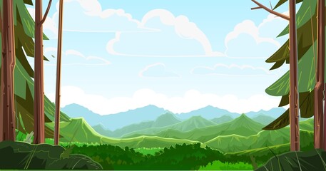 Mountains scorn in the forest away. View from the coniferous forest. Beautiful summer landscape with trees. Green pines and ate. Illustration in cartoon style flat design. Vector