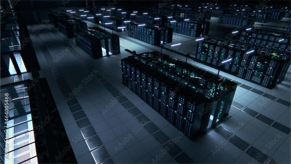 Poster modern data technology center server racks working in dark facility. concept of internet of things, 