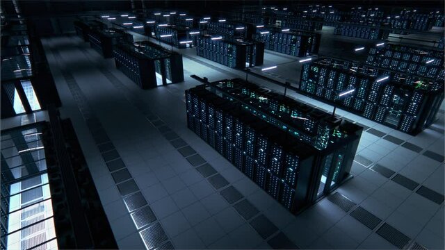 Modern Data Technology Center Server Racks Working in Dark Facility. Concept of Internet of Things, Big Data Protection, Storage, Cryptocurrency Farm, Cloud Computing. 3D Panning Above Camera Shot.