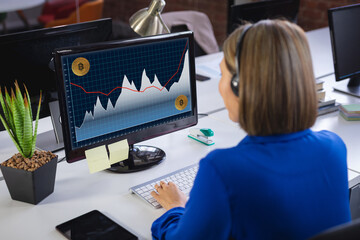 Caucasian businesswoman sitting at desk using computer with statistical data on screen