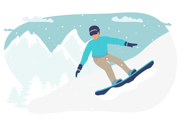 snowboard. Couple of snowboarders in mountains. Winter sport and recreation. Snowboarding resort with young man. Flat vector illustration winter landscape