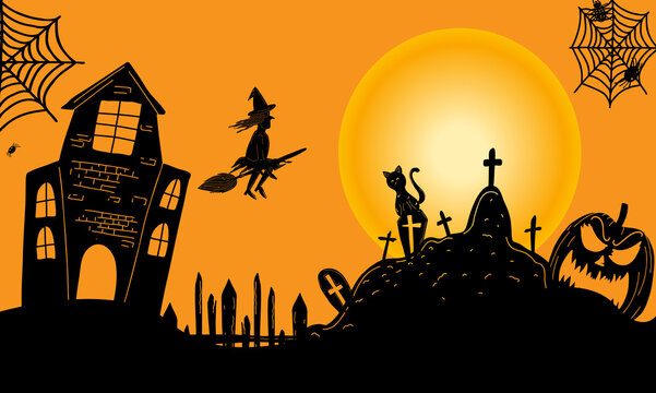 Composition of halloween cemetery, witch, pumpkins and spiders web on orange background
