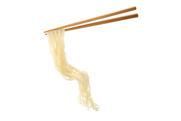 .Chopsticks picking up noodles isolated on white background.