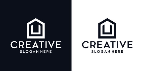 letter U Logo design with square frame line art. business consulting concept. studio icon - vector