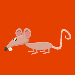 Vector cartoon funny mouse animal isolated on red background. Little cute smiling mice character