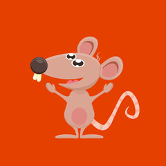 Vector cartoon funny mouse animal isolated on red background. Little cute smiling mice character