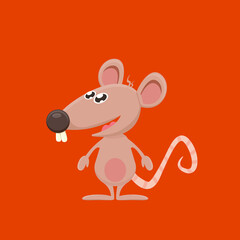 Vector cartoon funny mouse animal isolated on red background. Little cute smiling mice character