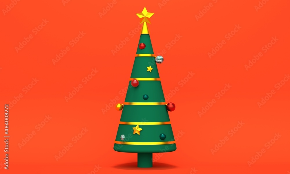 Poster christmas tree with balls and stars on a red background. 3d rendering
