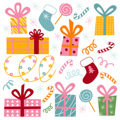 Vector set of gift boxes with bows and ribbons, candy  and snowflakes. Set of gift boxes and Christmas elements for stickers, design, postcards,  drawn in funny doodle style