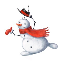 cute snowman dancing portrait, watercolor style clipart, winter illustration with cartoon character