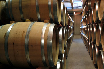 Stacked casks at a whisky distillery