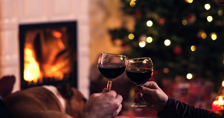 Couple toasting with red wine in front of cosy fireplace with sleeping dog and christmas decoration in background