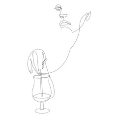One continuous single drawn line art doodle cocktail, girl, woman, glass, drink. Isolated hand-drawn outline image on white background.