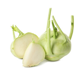 Whole and cut kohlrabi plants on white background