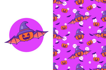 Cute Pumpkin Batwith hat witch happy halloween with seamless pattern