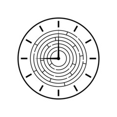 Clock and labyrinth with a circular shape. Round maze. Vector editable template for website, print, engraving, laser cutting and other use. Clipart and illustration on white background.