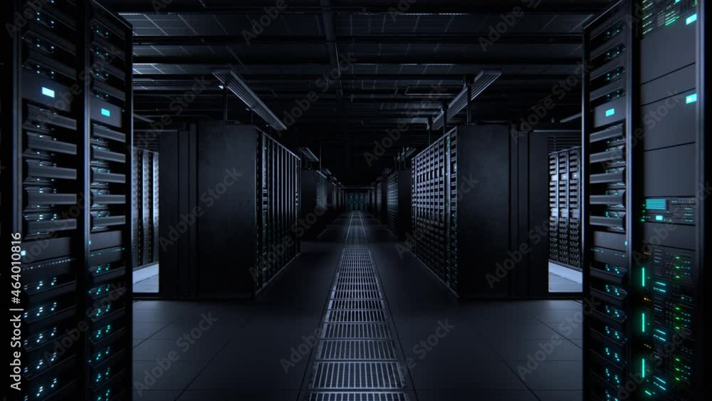 Poster Modern Data Technology Center Server Racks Working in Dark Facility. Concept of Internet of Things, Big Data Protection, Storage, Cryptocurrency Farm, Cloud Computing. 3D Moving Back Camera Shot.
