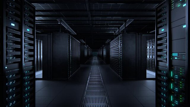 Modern Data Technology Center Server Racks Working in Dark Facility. Concept of Internet of Things, Big Data Protection, Storage, Cryptocurrency Farm, Cloud Computing. 3D Moving Back Camera Shot.