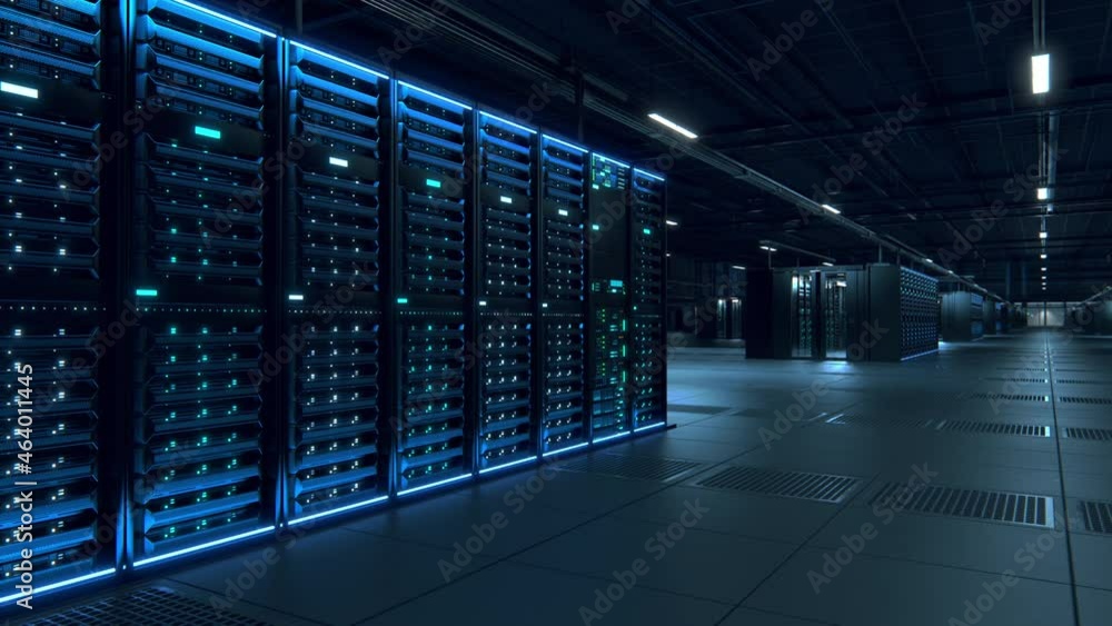 Poster Modern Data Technology Center Server Racks Working in Dark Facility. Concept of Internet of Things, Big Data Protection, Storage, Cryptocurrency Farm, Cloud Computing. 3D Panning Forward Camera Shot.