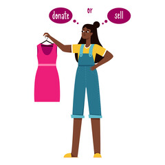 A young black girl is holding a pink dress in her hands and is thinking of donating it or selling it. Reasonable consumption, cluttering, sorting clothes. Vector illustration on a white background.