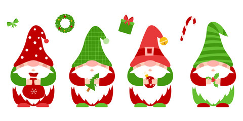 A set of small Christmas dwarfs in red, green clothes and hats, who hold New Year's attributes in their hands.Cute little gnomes, cartoon characters. Color vector illustration in flat style on white.
