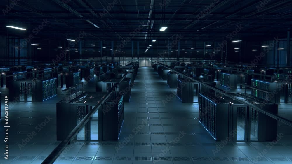 Poster Modern Data Technology Center Server Racks Working in Dark Facility. Concept of Internet of Things, Big Data Protection, Storage, Cryptocurrency Farm, Cloud Computing. 3D Panning Above Camera Shot.