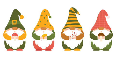 A set of small autumn punchy dwarfs in caps who hold mushrooms, twigs, berries, a leaf in their hands. Cute little forest gnomes, cartoon characters. Color vector illustration in a flat style.