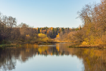 Beautiful landscape of a calm river against the backdrop of an autumn forest.