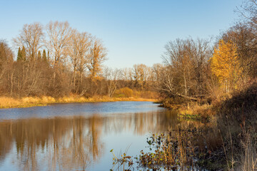 Beautiful landscape of a calm river against the backdrop of an autumn forest.