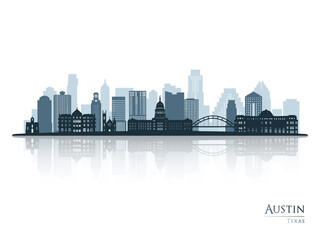 Austin skyline silhouette with reflection. Landscape Austin, Texas. Vector illustration. - 464012839