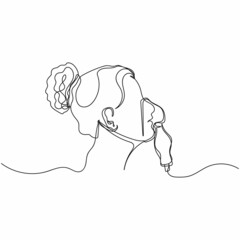 Vector continuous one single line drawing of woman uses inhaler nebulizer medical coronavirus concept in silhouette on a white background. Linear stylized.