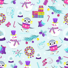Winter pattern with penguins, snowmen and christmas attributes. flat vector illustration.
