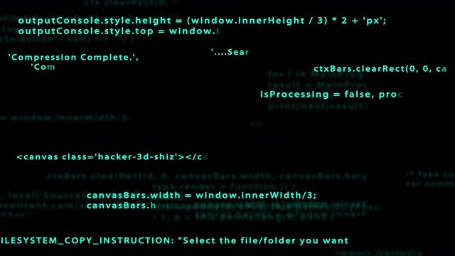Source scripts on the black background. Seamless loop animation, 16-bit depth. Programming code on computer screen terminal.